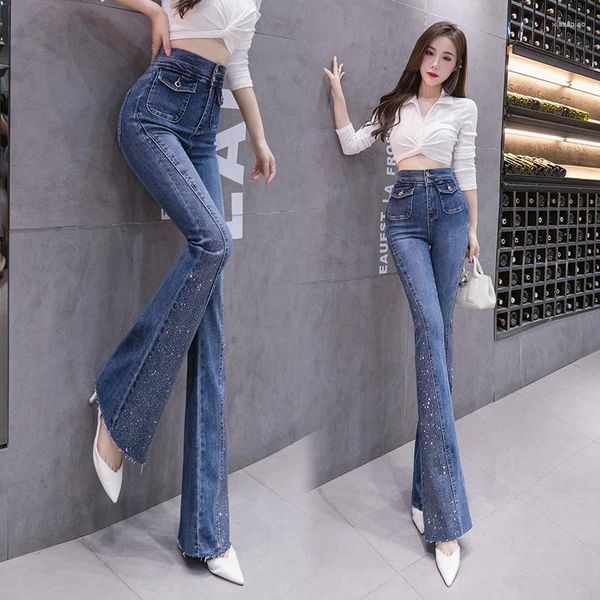 Jeans pour femmes en strassage évasé pour les femmes Soft Skinny Patchwork Boot Cutt pantalon denim Mujer Fashion Stretch Pantals Ladies 2024 Bleu