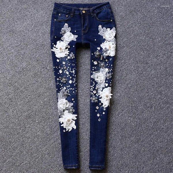 Jeans de mujer Rhinestones Diamante Moda Slim Rebordear Flores de encaje Denim Flaco Bordado Bengalas Lápiz