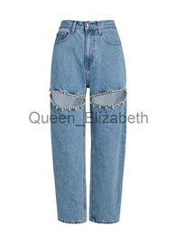 Jeans de mujer Rhinestones bordados bengalas jeans para mujeres de cintura alta botón de remiendo ahueca hacia fuera pantalones de pierna ancha de verano moda femenina nuevo J231108