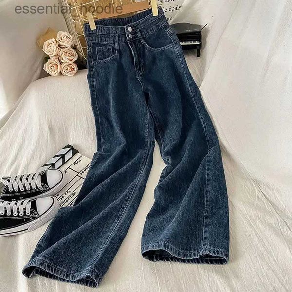 Jeans pour femmes rimocy rétro large jambe droite droite femme coréen double bouton haute taille masculine 2023 sac marchandise pantalon denim fe c240411