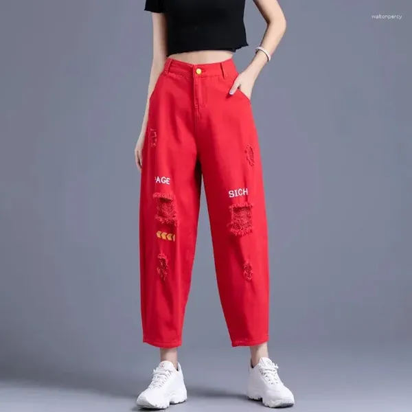 Jeans pour femmes broderie déchirée printemps été coréen fashion rouge taille haute jambe large pantalon denim coulé pantalon décontracté v674