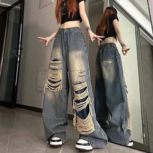 Jeans pour femmes déchirés pour femmes 2023 été mode coréenne taille haute petit ami gothique baggy pantalon en denim lâche pantalons