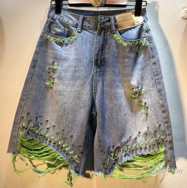 Jeans femme déchiré vert Denim Shorts pour femmes 2023 été exquis strass perlé taille haute minceur lavé effiloché