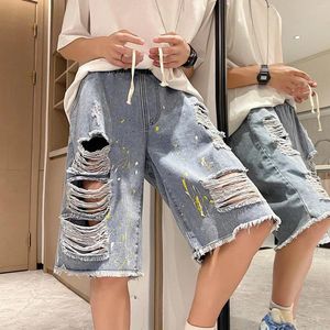 Damesjeans Gescheurde Splash-Inkt Bedelaar Denim Shorts Herenmode Hong Kong-stijl Trekkoord Braam Recht Vijf Punten Piraat