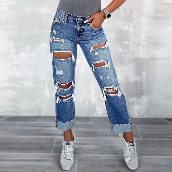 Jeans para mujer rasgados mujer damas alto streetwear cintura recta moda agujero lavado algodón denim pantalón