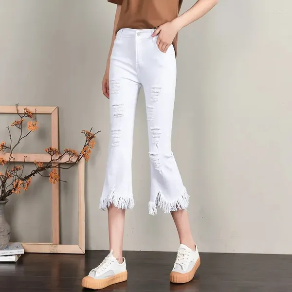 Jeans pour femmes déchiré les femmes Summer High Tassel Slim Slim Sept Poix Pantal