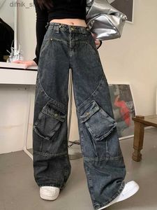 Jeans pour femmes ropa y2k 2000s lavé pantalon de jean cargo baggy bleu foncé pour femmes vêtements goths droits de jambe hip hop dame vieux pantalon denim y240408