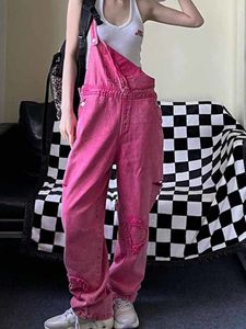 Jeans femme Rose rouge Denim combinaison Streetwear Jean salopette été Y2K Design Chic Vintage Baggy droite surdimensionné 221011