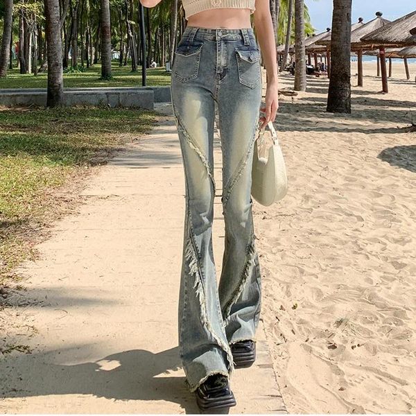 Jeans de mujer Borde áspero Micro-La Bell Bottoms Largo Slim Talle alto Vintage Moda Primavera Otoño 2024