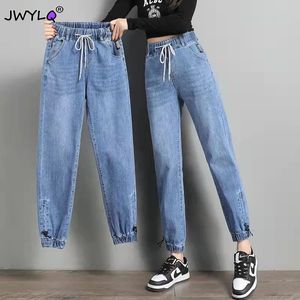 Damesjeans S-3XL Drawstring Enkle-lengte losse jogger jeans vrouwen solide kleur streetwear kras denim broek all-match elastische denim broek 230413