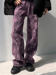 Jeans para mujer S 5XL Pantalones vaqueros teñidos con corbata púrpura grande primavera y otoño ins high street sweet cool pantalones verticales sueltos invierno 230209