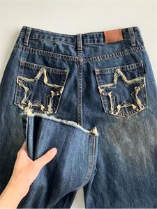 Jeans pour femmes S Blue Wide Leg Star Pocket Vintage Pantalon droit Taille haute Baggy Streetwear Casual Denim Pantalon Dames 230103