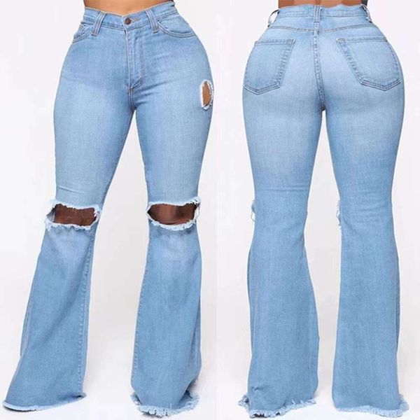 Jeans pour femmes S-XXXL déchiré pour femmes taille haute Vintage Flare avec trous glands cloche bas Jean Denim pantalon concepteur de marque en gros