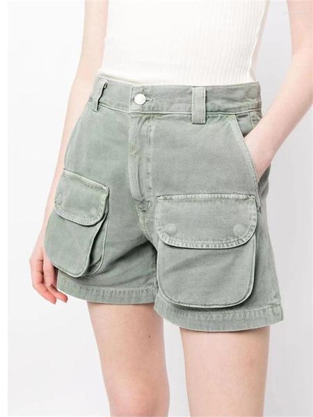 Jeans para mujer Estilo Safari Pantalones cortos de mezclilla Bolsillos con solapa Cintura alta Damas Color sólido Corto 2024 Verano