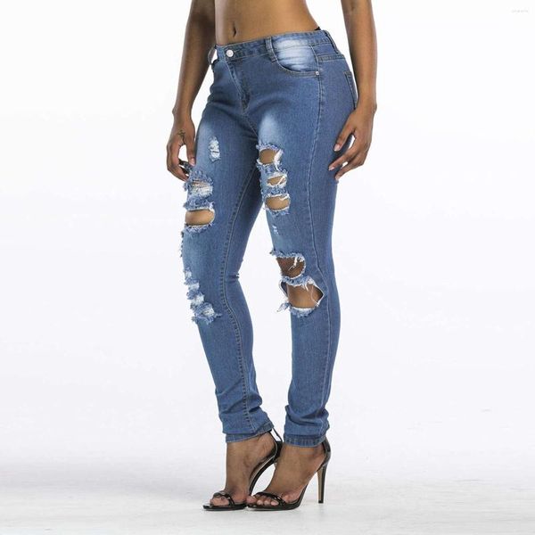 Venta de jeans de mujer para mujer 2023 Sexy cintura alta rasgados sólidos ajustados pantalones de mezclilla largos pies pequeños pantalones femeninos delgados