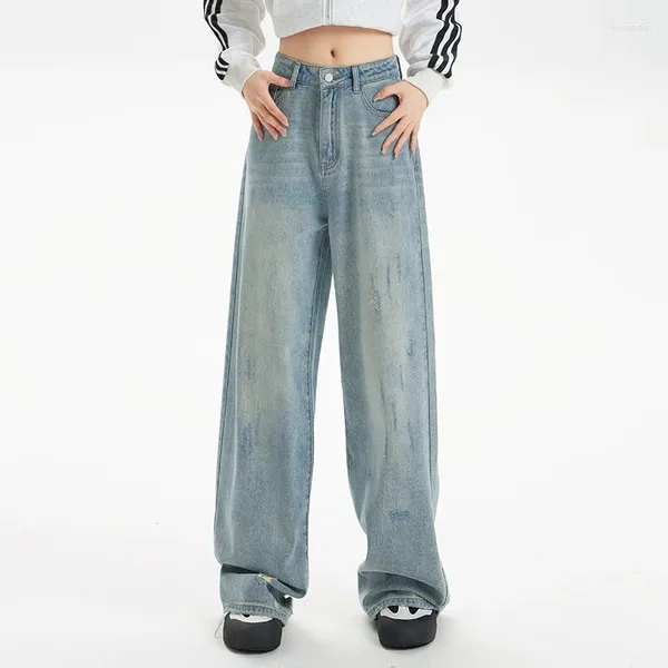 Jean femme Design Scratch bleu américain Cool fille bas taille haute pantalon neutre femme ample Vintage Denim pantalon