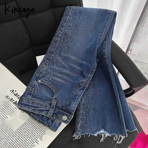 Jeans Femme Paillettes cloutées strass trompette jean femmes façonnant maigre Stretch évasé Denim neuvième pantalon coréen effiloché longueur cheville pantalon