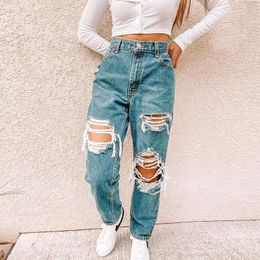 Jeans Femme Sexy Chic Trou Déchiré Denim Pantalon Droit Pleine Longueur Casual Taille Haute Ajustement Détresses Sauvage Tendance Pantalon DétruitWome