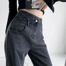 Jeans pour femmes Sexy Cross High Wasit Femmes Printemps 2024 Lavé Casual Lâche Pantalon large Femme Solide Bleu Simple Étudiant Denim Pantalon