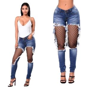 Frauen Jeans Sexy Fishnet Patchwork Frauen Mode Hohe Taille Ripped Loch Denim Hosen Weibliche Dünne Quaste