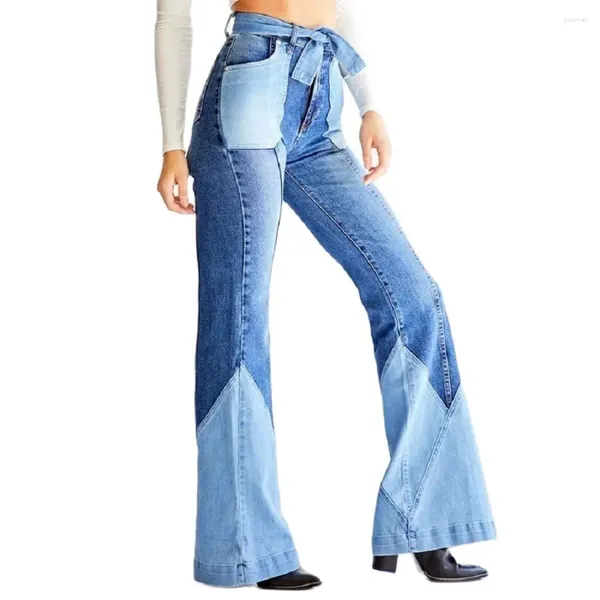 Jeans femeninos Sexy para mujeres con cintura alta con banda de cintura Patchwork pierna ancha Pantalones de mezclilla larga Y2K de niña delgada