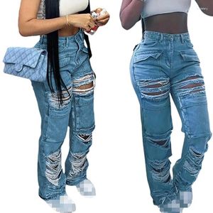 Jeans féminins sexy creux de cargaison déchirée femme mode bleu hauteur