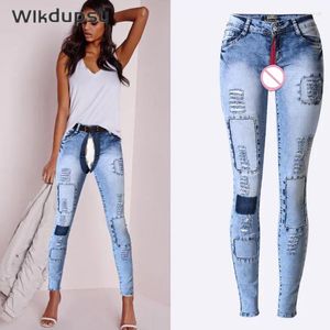 Damesjeans sexy lage taille gescheurde magere vrouwen onzichtbare ritsing open rits