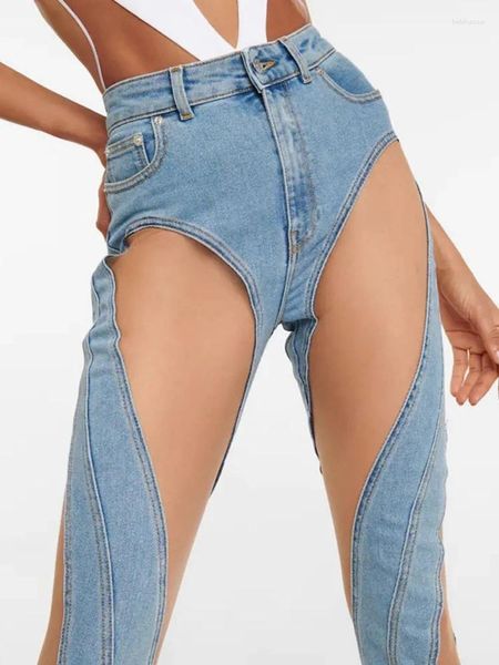 Jeans pour femmes Sexy Mesh Patchwork Voir à travers les femmes maigres Denim Panneau de contraste Pantalon moulant de haute qualité Runway Party Club