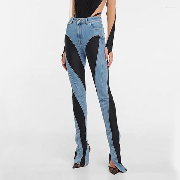 Jeans pour femmes Sexy Split Flare Femmes Fashion Design Balck Bleu Patchwork Taille Haute Skinny Femme Vintage Streetwear Denim Pantalon