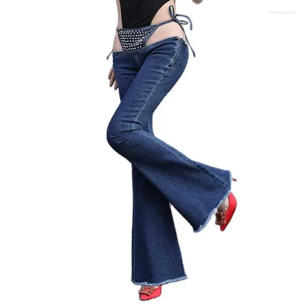 Jeans para mujer Sexy Bikini de cintura ultra baja Llamarada de pierna ancha para mujer Pantalones con remaches grises