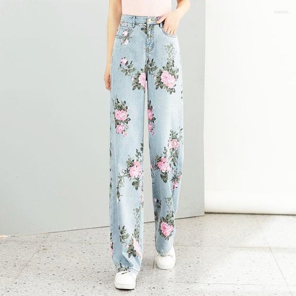 Pantalones vaqueros sexis para mujer, pantalones vaqueros de cintura alta a la moda con estampado de rosas y flores, pantalones azules elásticos de pierna ancha, ropa de calle dulce