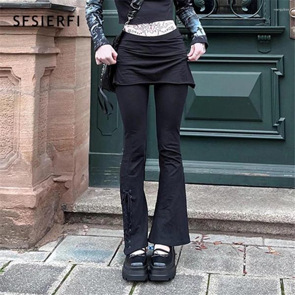 Jeans para mujer SFSIERFI Streetwear Patchwork Slit Low Cintura Flare Pantalones Falda Vintage Slim Chic Casual Negro Coreano Pierna ancha Y2