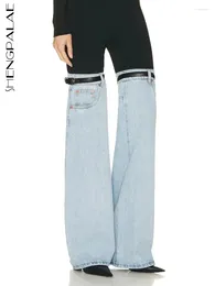 Jeans Femme SHENGPALAE Patchwork Denim Pantalons Femmes Runway Taille élastique Ceinture Flare Pantalon Y2K Vêtements 2024 Printemps Mode 5R538
