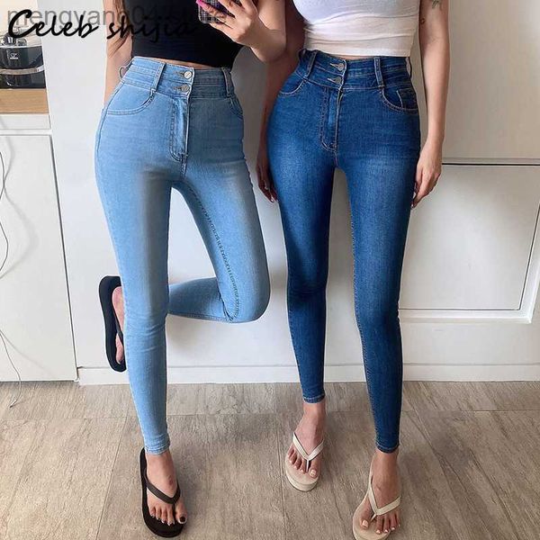 Jeans pour femmes SHIJIA bleu clair élastique Denim femme jean skinny taille haute double bouton bas mode coréenne crayon pantalon maman jean rue T230530