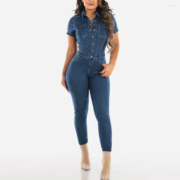 Combinaison en jean à manches courtes pour femme, combinaison en Denim boutonnée, salopette d'été slim pour femme