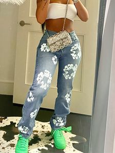 Damesjeans Sifreyr bloemenprint hoge taille jeans dames mode vintage rechte denim broek jaren 90 retro streetwear Y2K baggy grunge broek 230627