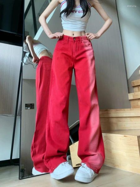 Jean femme Simple progressif rouge taille haute printemps automne Chic mode pantalons décontractés femme pantalon en Denim droit