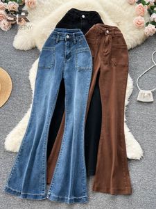 Jeans Femmes Singrainy Femmes Slim Poche Flare Rétro Solide Taille Haute Y2K Mode Basique Automne Dames Streetwear Denim Pantalon à Jambes Larges 221231