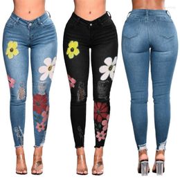 Damesjeans Skinny Black Women Fashion Wild Print Hole Slim Long Woman High Taille Pants Spodnie Damskie Z Wysokim Stanem#G2 Dames