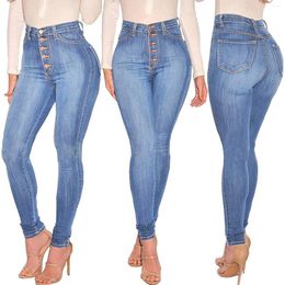 Jeans para mujeres Flinny Colombian for Women 2024 Alta cintura estiramiento 5 botones Pushing Bulifting Pockets Fashion Blue
