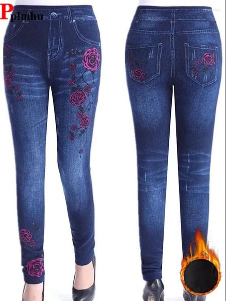 Jeans pour femmes skinny velours hivernal doublé de pantalon de denim à crayon imprimé multicolore élégant maman peluche chaude