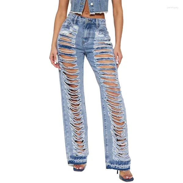 Jeans pour femmes bleu ciel mode trous cassés femmes déchiré vintage taille haute denim pantalon femme pantalon streetwear