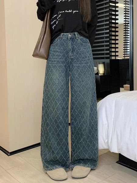Jeans Femme Slergiri Mode Diamant Type Treillis Large Jambe Streetwear Femmes Vintage Lâche Taille Haute Coréen Casual Harajuku Pantalon