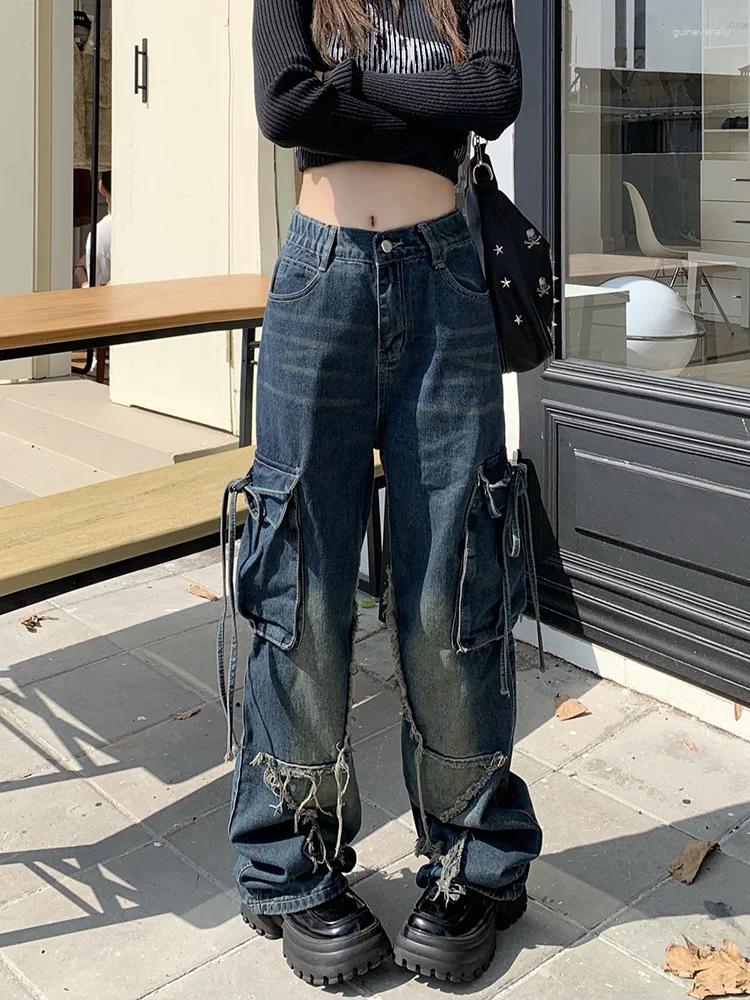 Jeans féminins Slegiri Star effilochée multi-poche cargo femmes mode High Street Hop Hop Baggy Y2k Pantalon de jean de jambe droite lâche