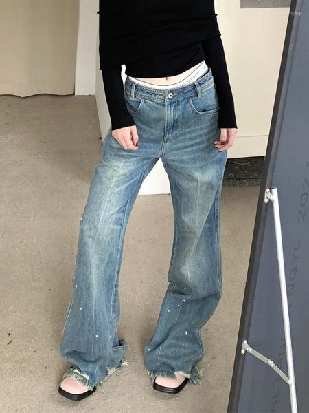 Jeans pour femmes Slergiri Streetwear Ourlet effiloché Baggy Y2K American Retro Washed Do Old Pantalon en denim taille haute pleine longueur