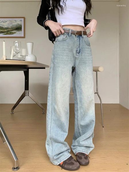 Jeans pour femmes Slergiri Vintage Lâche Lavé Mode coréenne Streetwear Taille haute Casual Pantalon en denim à jambe droite sans ceinture