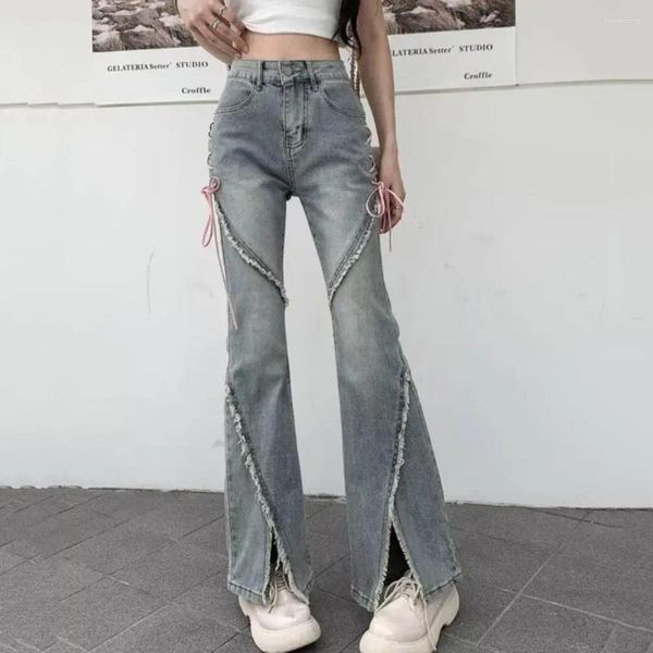 Jeans pour femmes pantalon en jean slim fit en denim à la mode évasé avec une fermeture de bouton haute taille fractionnée