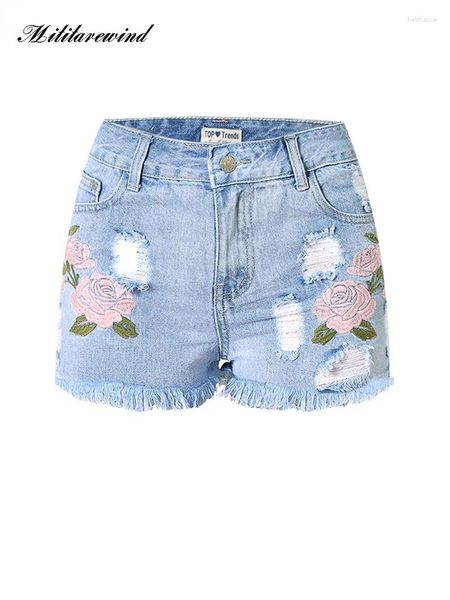 Jeans de mujer Fit delgado Fit Light Blue Woman Short Whin de Denim Shorts de mezclilla Mujeres All-Match Flower Bordado Rasgado Femme Tassel