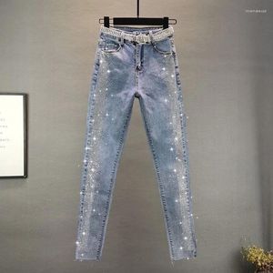 Women's Jeans Slim Rhinestone Stretch For Women 2024 Low Waist Slimming Blue Trousers Femme Cropped Pencil Denim Pants Fashion
