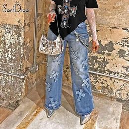 Jeans féminins Soefdioo Cross Patchwork Pockets Midi Wide Lig Denim Pantalons Femmes Automne 2024 Hipster Street Straight Tending Trending